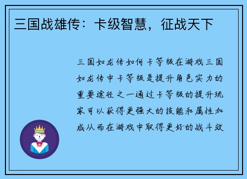三国战雄传：卡级智慧，征战天下