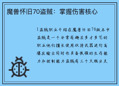 魔兽怀旧70盗贼：掌握伤害核心